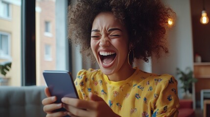 Excited happy woman looking at phone screen, celebrating online win, overjoyed young female screaming with joy, holding smartphone, reading good news in unexpected message or email.