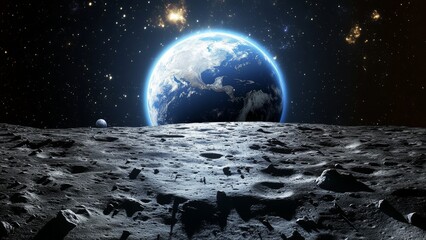 Earth rising above the lunar surface with distant stars in view