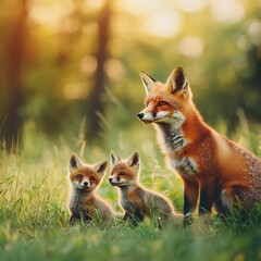 A fox teaching her kits to hunt in an open meadow.