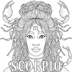 Scorpio Woman.Astrological Zodiac Sign.Coloring book antistress for children and adults. 