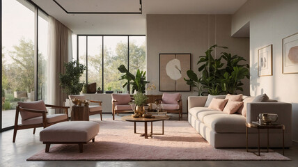 Bright and airy interior with pastel pink tones large windows a cozy couch and fresh green plants bringing tranquility to the living room Contemporary Interior Design Livingroom Inspiration