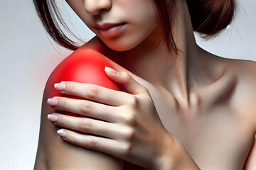 Young woman having shoulder pain and touch shoulder tip isolated white background, concept of health care lifestyle.