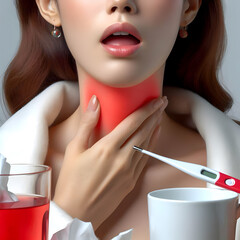 Concept of Drinking water is best medicine for sorethroat and cold,with beautiful woman with red area
