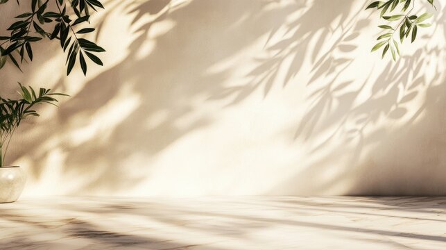 Minimalistic light background with blurred foliage shadow on a beige wall. Beautiful background for presentation with marble floor. - Powered by Adobe