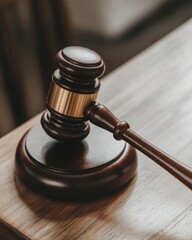 A wooden gavel resting on a polished table, symbolizing justice.