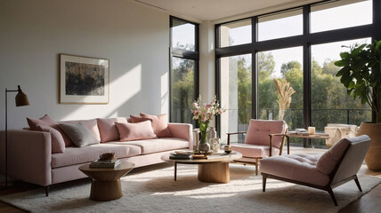 Fototapeta premium Bright and tranquil living room with pastel pink walls large windows modern couch and fresh green plants for a calming welcoming atmosphere Contemporary Interior Design Livingroom Inspiration