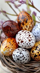 Obraz premium Speckled Quail Eggs in a Natural Woven Basket