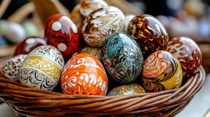 Fototapeta premium Exquisite Hand-Painted Decorative Eggs in a Woven Basket