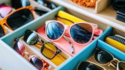 Drawer with a variety of sunglasses and cases on a white backdrop