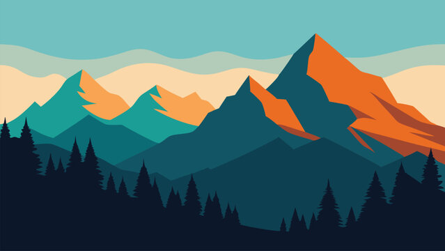  Mountain range with lush trees and rugged rocks prominently displayed in the foreground flat vector illustration.