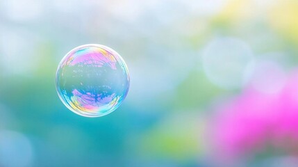 A colorful soap bubble floating against a soft, blurred background.