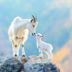 Obraz premium A goat nudging her kid in a rocky mountain environment.