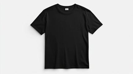 Plain black t shirt mockup lying on a white background, perfect for showcasing designs, logos, or artwork, offering a clean and versatile canvas for visual presentations