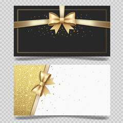 Blank backgrounds with gold bow. Elegant template for voucher, gift card, certificate. Luxury card with place for text.