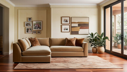 Fototapeta premium Cozy home living room interior with lounge zone and window, mockup wall