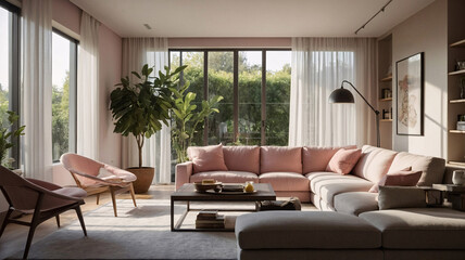 Fototapeta premium Chic living room with pastel pink theme stylish couch large windows and fresh green plants creating a bright and peaceful ambiance Contemporary Interior Design Livingroom Inspiration