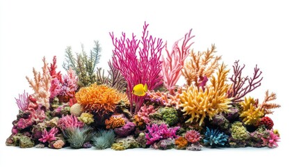 Vibrant Coral Reefscape, A Colorful Underwater Scene with a Lone Yellow Fish, Showcasing Diverse Corals in Pink, Orange, and Blue Against a Crisp White Background