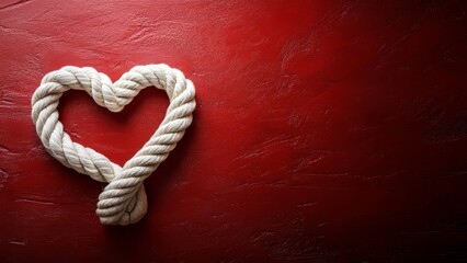 Heart shape created with rope on a red wooden background