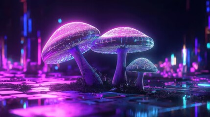 Glowing neon mushrooms in a futuristic city landscape.