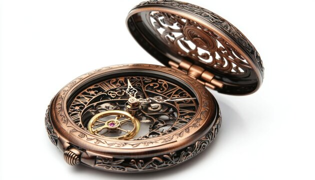 Ornate Copper-Toned Pocket Watch with Intricate Skeleton Design, Showcasing a Mechanical Movement with Exposed Gears and Delicate Filigree Detailing