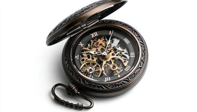 Elegant Bronzed Skeleton Pocket Watch with Intricate Gears and Roman Numeral Markers, Showcasing Time's Inner Workings,