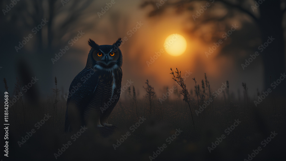 Wall mural a mystical moonlit meadow silhouette of an owl where the subject is defined by its dark outline agai