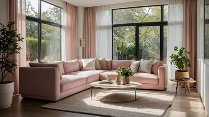 Cozy and inviting living room with pastel pink theme stylish couch large windows and fresh green plants creating a serene modern space Contemporary Interior Design Livingroom Inspiration