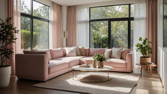 Cozy and inviting living room with pastel pink theme stylish couch large windows and fresh green plants creating a serene modern space Contemporary Interior Design Livingroom Inspiration