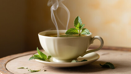 A soothing steaming cup of herbal tea with fresh mint leaves, perfect for relaxation and refreshment