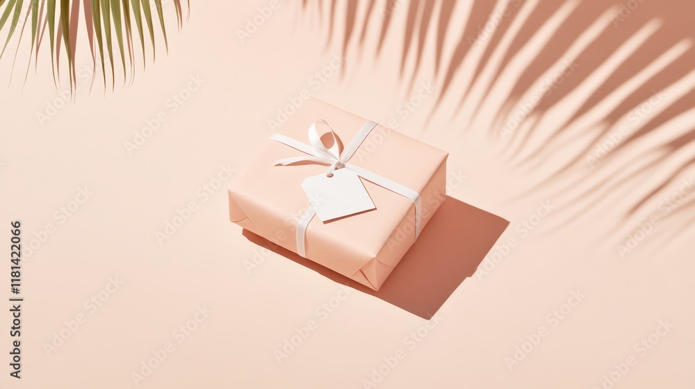 Poster wrapped gift box with a blank tag and white ribbon, casting shadows from palm leaves on a pink backg