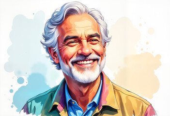 Elderly man with a bright smile close-up portrait on a colorful splash background