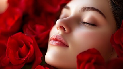 Beautiful Woman Sleeping Among Red Roses