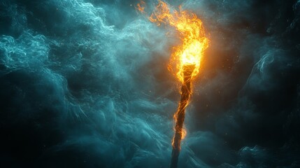 Fototapeta premium Flame ignites from a mystical torch surrounded by ethereal smoke in a dark setting