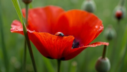 Fototapeta premium Red Poppy Flower with Ladybug