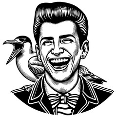 Man Laughing with Bird on Shoulder vector