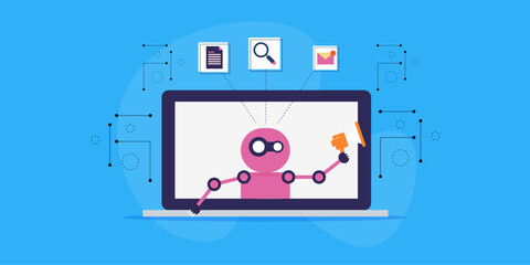 Digital marketing automation, AI robot with megaphone, manages search optimization, email marketing and social media content post conceptual vector banner.