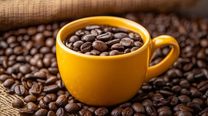 Fototapeta premium Golden Cup of Coffee Beans - A Morning Delight