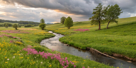 Obraz premium Stunning and Captivating Landscape Features a Tranquil River and Lush Greenery