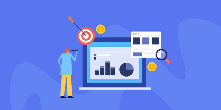 Website traffic, competitor data analytics, digital marketing trend monitoring concept, paid media and organic branding opportunity explore conceptual vector illustration. 