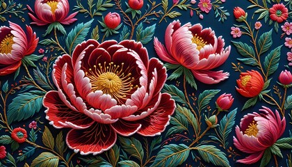 Peony Flowers on Embroidery Art