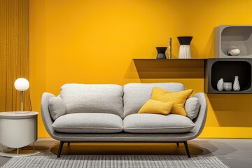 a modern living room with yellow walls and a grey sofa, featuring an empty white frame on the wall.