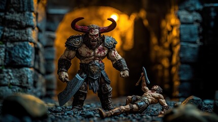 A muscular, horned minotaur stands over a fallen warrior in a dark, stone dungeon.
