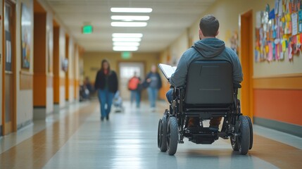 Man in powered wheelchair walking through university hallway notebook and pen in hand surrounded by students and vibrant bulletin boards