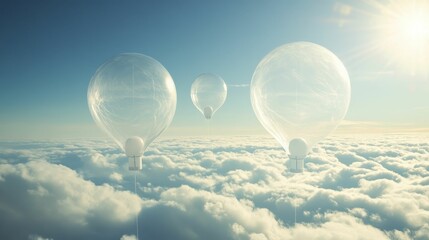 Three transparent balloons float above clouds.