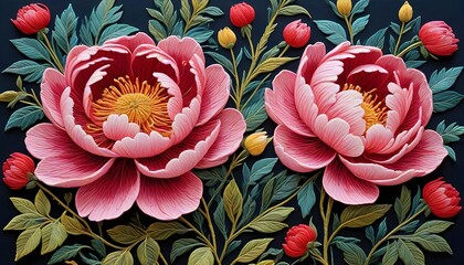 Peony Flowers on Embroidery Art