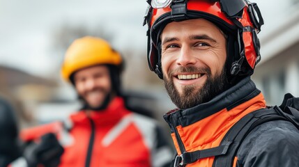 Smiling firefighter in protective gear posing with colleague in rescue operation during emergency situation