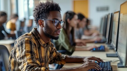 A man with cognitive disability typing on Braille keyboard in class with teacher's assistance