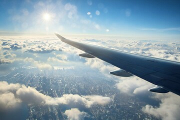 Morning flight with sunlight wing of plane over city view airplane flying above clouds blue sky...