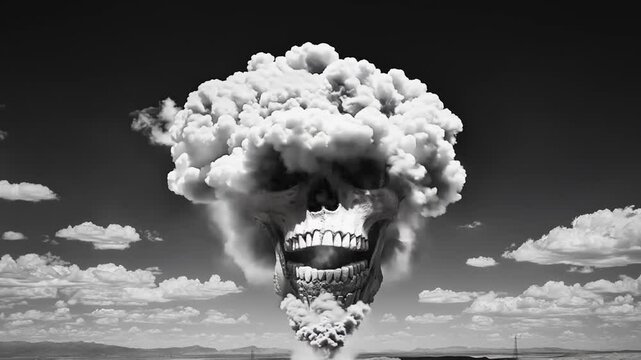 Surreal cloud explosion forming a skull face in a dramatic black-and-white composition