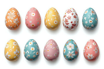 Collection of colourful hand painted decorated easter eggs on white background cutout file. Pattern and floral set
